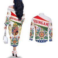 Hungary Couples Matching Off The Shoulder Long Sleeve Dress and Long Sleeve Button Shirt with Folk Musician Illustration Design and Traditional Floral - Wonder Print Shop
