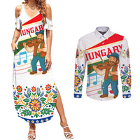 Hungary Couples Matching Summer Maxi Dress and Long Sleeve Button Shirt with Folk Musician Illustration Design and Traditional Floral - Wonder Print Shop