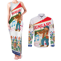 Hungary Couples Matching Tank Maxi Dress and Long Sleeve Button Shirt with Folk Musician Illustration Design and Traditional Floral - Wonder Print Shop