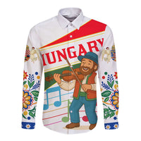 Hungary Long Sleeve Button Shirt with Folk Musician Illustration Design and Traditional Floral - Wonder Print Shop