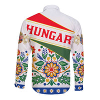Hungary Long Sleeve Button Shirt with Folk Musician Illustration Design and Traditional Floral - Wonder Print Shop
