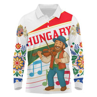 Hungary Long Sleeve Polo Shirt with Folk Musician Illustration Design and Traditional Floral - Wonder Print Shop