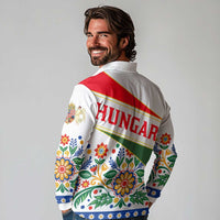 Hungary Long Sleeve Polo Shirt with Folk Musician Illustration Design and Traditional Floral - Wonder Print Shop
