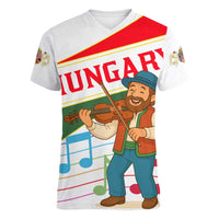 Hungary Women V-Neck T-Shirt with Folk Musician Illustration Design and Traditional Floral - Wonder Print Shop