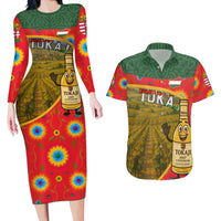 Hungary Couples Matching Long Sleeve Bodycon Dress and Hawaiian Shirt with Tokaj Vineyard Illustration Design and Grape Wine - Wonder Print Shop