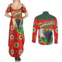 Hungary Couples Matching Summer Maxi Dress and Long Sleeve Button Shirt with Tokaj Vineyard Illustration Design and Grape Wine - Wonder Print Shop