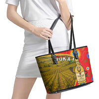 Hungary Leather Tote Bag with Tokaj Vineyard Illustration Design and Grape Wine - Wonder Print Shop