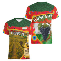 Hungary Women V-Neck T-Shirt with Tokaj Vineyard Illustration Design and Grape Wine - Wonder Print Shop