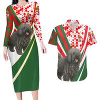 Hungary Couples Matching Long Sleeve Bodycon Dress and Hawaiian Shirt with Puli Dog Illustration Design and Red Green Hexagon - Wonder Print Shop