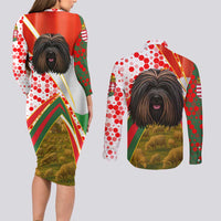 Hungary Couples Matching Long Sleeve Bodycon Dress and Long Sleeve Button Shirt with Puli Dog Illustration Design and Red Green Hexagon - Wonder Print Shop
