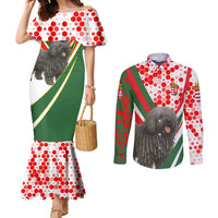 Hungary Couples Matching Mermaid Dress and Long Sleeve Button Shirt with Puli Dog Illustration Design and Red Green Hexagon - Wonder Print Shop