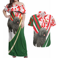 Hungary Couples Matching Off Shoulder Maxi Dress and Hawaiian Shirt with Puli Dog Illustration Design and Red Green Hexagon - Wonder Print Shop