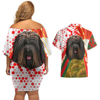 Hungary Couples Matching Off Shoulder Short Dress and Hawaiian Shirt with Puli Dog Illustration Design and Red Green Hexagon - Wonder Print Shop