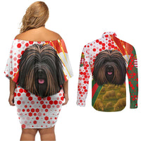 Hungary Couples Matching Off Shoulder Short Dress and Long Sleeve Button Shirt with Puli Dog Illustration Design and Red Green Hexagon - Wonder Print Shop