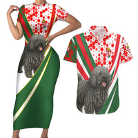 Hungary Couples Matching Short Sleeve Bodycon Dress and Hawaiian Shirt with Puli Dog Illustration Design and Red Green Hexagon - Wonder Print Shop