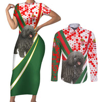 Hungary Couples Matching Short Sleeve Bodycon Dress and Long Sleeve Button Shirt with Puli Dog Illustration Design and Red Green Hexagon - Wonder Print Shop