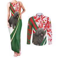 Hungary Couples Matching Tank Maxi Dress and Long Sleeve Button Shirt with Puli Dog Illustration Design and Red Green Hexagon - Wonder Print Shop