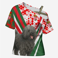 Hungary Cross Shoulder Shirt with Puli Dog Illustration Design and Red Green Hexagon - Wonder Print Shop