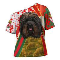 Hungary Cross Shoulder Shirt with Puli Dog Illustration Design and Red Green Hexagon - Wonder Print Shop