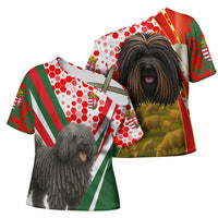 Hungary Cross Shoulder Shirt with Puli Dog Illustration Design and Red Green Hexagon - Wonder Print Shop