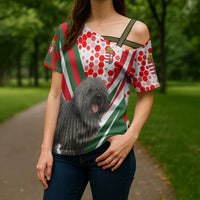 Hungary Cross Shoulder Shirt with Puli Dog Illustration Design and Red Green Hexagon - Wonder Print Shop