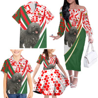 Hungary Family Matching Off The Shoulder Long Sleeve Dress and Hawaiian Shirt with Puli Dog Illustration Design and Red Green Hexagon - Wonder Print Shop