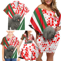 Hungary Family Matching Off Shoulder Short Dress and Hawaiian Shirt with Puli Dog Illustration Design and Red Green Hexagon - Wonder Print Shop