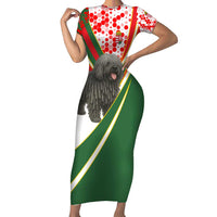 Hungary Family Matching Short Sleeve Bodycon Dress and Hawaiian Shirt with Puli Dog Illustration Design and Red Green Hexagon - Wonder Print Shop