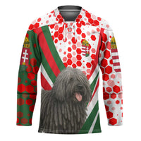 Hungary Hockey Jersey with Puli Dog Illustration Design and Red Green Hexagon - Wonder Print Shop
