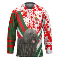 Hungary Hockey Jersey with Puli Dog Illustration Design and Red Green Hexagon - Wonder Print Shop