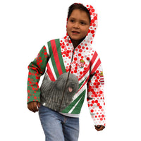 Hungary Kid Hoodie with Puli Dog Illustration Design and Red Green Hexagon - Wonder Print Shop