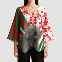 Hungary Kimono Sleeve Blouse with Puli Dog Illustration Design and Red Green Hexagon - Wonder Print Shop