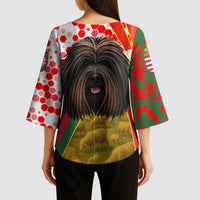 Hungary Kimono Sleeve Blouse with Puli Dog Illustration Design and Red Green Hexagon - Wonder Print Shop