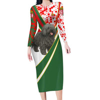 Hungary Long Sleeve Bodycon Dress with Puli Dog Illustration Design and Red Green Hexagon - Wonder Print Shop