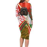 Hungary Long Sleeve Bodycon Dress with Puli Dog Illustration Design and Red Green Hexagon - Wonder Print Shop