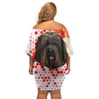 Hungary Off Shoulder Short Dress with Puli Dog Illustration Design and Red Green Hexagon - Wonder Print Shop
