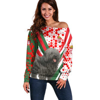 Hungary Off Shoulder Sweater with Puli Dog Illustration Design and Red Green Hexagon - Wonder Print Shop