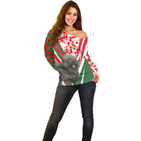 Hungary Off Shoulder Sweater with Puli Dog Illustration Design and Red Green Hexagon - Wonder Print Shop