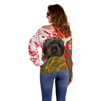 Hungary Off Shoulder Sweater with Puli Dog Illustration Design and Red Green Hexagon - Wonder Print Shop