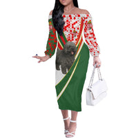 Hungary Off The Shoulder Long Sleeve Dress with Puli Dog Illustration Design and Red Green Hexagon - Wonder Print Shop