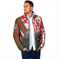 Hungary Padded Jacket with Puli Dog Illustration Design and Red Green Hexagon - Wonder Print Shop