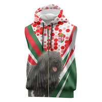 Hungary Sleeveless Zip Hoodie with Puli Dog Illustration Design and Red Green Hexagon - Wonder Print Shop