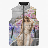 Helen Of Troy Sleeveless Puffer Jacket Ancient Greek Mythology Floral Goddess Portrait