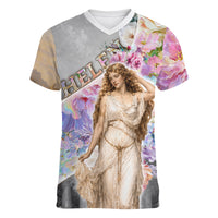 Helen Of Troy Women V-Neck T-Shirt Ancient Greek Mythology Floral Goddess Portrait