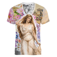 Helen Of Troy Women V-Neck T-Shirt Ancient Greek Mythology Floral Goddess Portrait