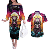Skull Space Couples Matching Off The Shoulder Long Sleeve Dress and Hawaiian Shirt I'll Put You In The Trunk - Wonder Print Shop