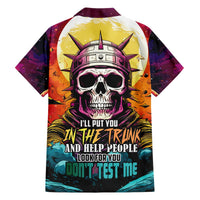 Multicolor skull graphic Hawaiian shirt, short-sleeve button-up with front text