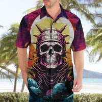 Skull graphic Hawaiian shirt on model, short sleeves and button-up collar