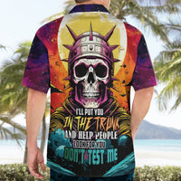 Back view of multicolor skull Hawaiian shirt, short-sleeve button-up