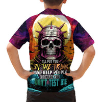Back view of kids multicolor skull Hawaiian shirt, short sleeves and button-up
